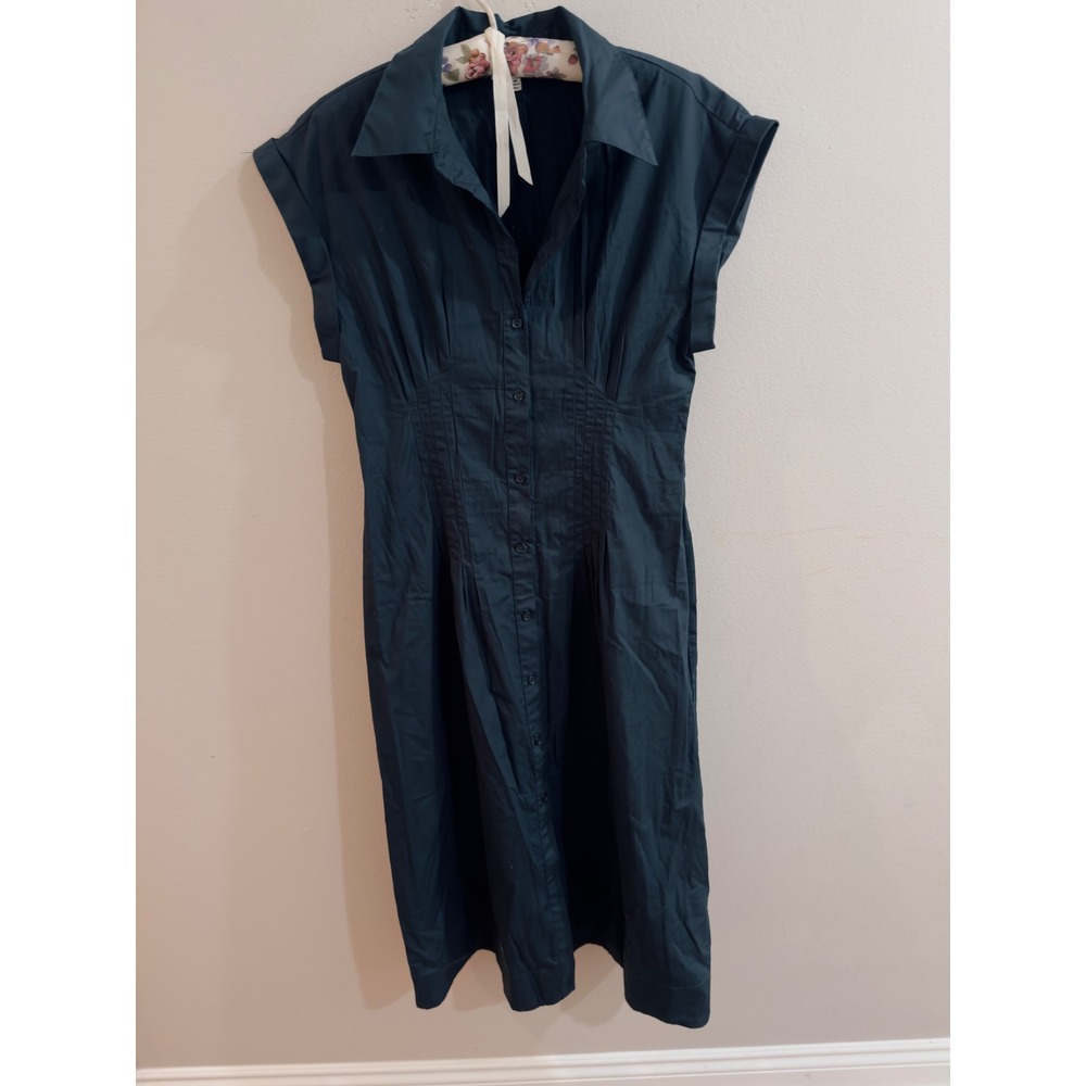 Mila Mae Navy Blue Cotton Pintuck Waist Midi Shirtdress Medium Old Money Classic